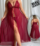 Long lingerie made of chiffon and lace at the chest and open in the front