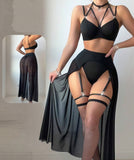 Three-piece lingerie made of Lycra and chiffon with a long net sock