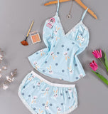 Two-piece pajamas made of satin with a rabbits print and lace around the edges