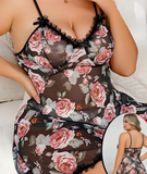 Lingerie made of floral chiffon with ruffles around the chest and tail