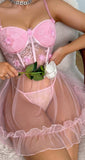 Lingerie made of tulle - with lace at the chest and stomach - with ruffles at the tail