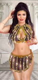 Belly dancing suit made of tulle with embroidery of shiny metal rings