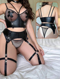 3-piece lingerie made of leather and Lycra net