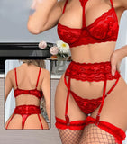 Three-piece lingerie made of lace with long net socks