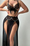 Three-piece lingerie made of Lycra and chiffon with a butterfly shape at the chest - with a metal chain at the waist