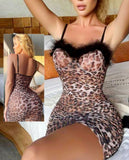 Tiger lingerie made of chiffon with ruffles in the front and feathers at the chest