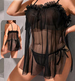 Two-piece lingerie made of tulle with ruffles at the chest and open sides