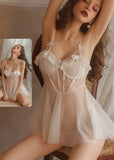 Two-piece lingerie made of chiffon and lace with ruffles at the chest