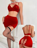 Three-piece lingerie made of Lycra and lace with a tie at the back and a long net socks