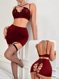 Three-piece lingerie made of Lycra and lace with a tie at the back and a long net socks