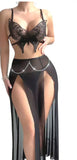 Three-piece lingerie made of chiffon with a butterfly shape at the chest and a metal chain at the middle