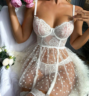 Lingerie made of tulle and lace with a heart print and a long net sock