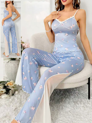 Two-piece pajama made of Lycra and chiffon on the sides of the pants