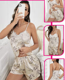 Two-piece pajamas made of floral satin with lace at the chest