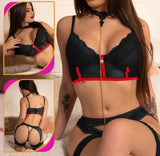 3-piece lingerie made of Lycra net and lace with a metal chain at the neck