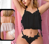 Two-piece lingerie made of tulle with ruffles at the chest and abdomen