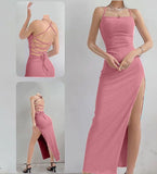 Long dress made of ribbed cotton, open on one side and open at the back