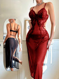 Two-piece lingerie made of chiffon and lace with an open back