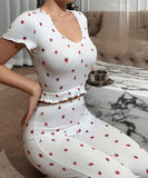 Two-piece pajamas made of ribbed cotton with a strawberry print