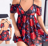 Two-piece lingerie made of floral chiffon - off-shoulder - open back