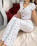Two-piece pajamas made of ribbed cotton with a heart print