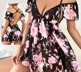 Two-piece lingerie made of floral chiffon - off-shoulder - open back