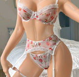 3-piece lingerie made of floral chiffon with lace around the edges