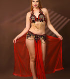 Belly dance suit made of chiffon with hand made embroidery - with metal chains around the chest
