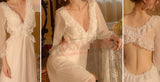 Long lingerie made of lined chiffon with ruffles around the chest and an open back