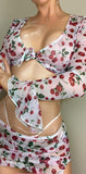 Three-piece lingerie made of chiffon with a cherry print