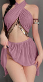 Three-piece lingerie made of chiffon with metal rings under the chest