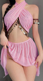 Three-piece lingerie made of chiffon with metal rings under the chest