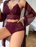 Three-piece pajama made of Lycra and lace with a chiffon robe