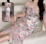 Long dress made of floral chiffon - off-shoulder with ruffles at the tail