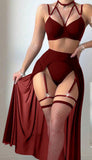 Three-piece lingerie made of Lycra and chiffon with a long net sock