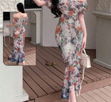 Long dress made of floral chiffon - off-shoulder with ruffles at the tail