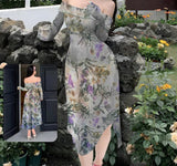 Long dress made of floral chiffon - off-shoulder