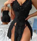 Two-piece lingerie made of chiffon and lace, open on the sides with ruffles around the chest