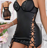 Lingerie made of leather and chiffon with ties on the sides