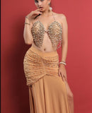 Belly dance suit made of Lycra with shiny pearl embroidery - with ruffles on the sides