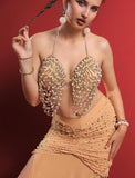 Belly dance suit made of Lycra with shiny pearl embroidery - with ruffles on the sides