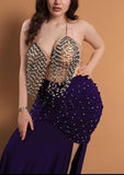 Belly dance suit made of Lycra with shiny pearl embroidery - with ruffles on the sides