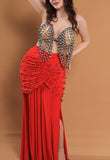 Belly dance suit made of Lycra with shiny pearl embroidery - with ruffles on the sides