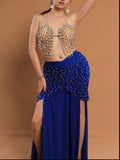 Belly dance suit made of Lycra with shiny pearl embroidery - with ruffles on the sides