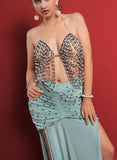 Belly dance suit made of Lycra with shiny pearl embroidery - with ruffles on the sides