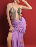 Belly dance suit made of Lycra with shiny pearl embroidery - with ruffles on the sides