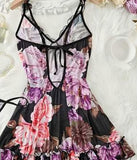 Two-piece lingerie made of floral chiffon with a ruffled tail