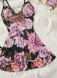 Two-piece lingerie made of floral chiffon with a ruffled tail