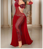 A belly dancing suit made of Lycra and chiffon embroidered with shiny beads