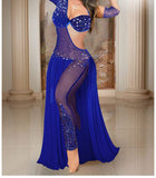 A belly dancing suit made of Lycra and chiffon embroidered with shiny beads